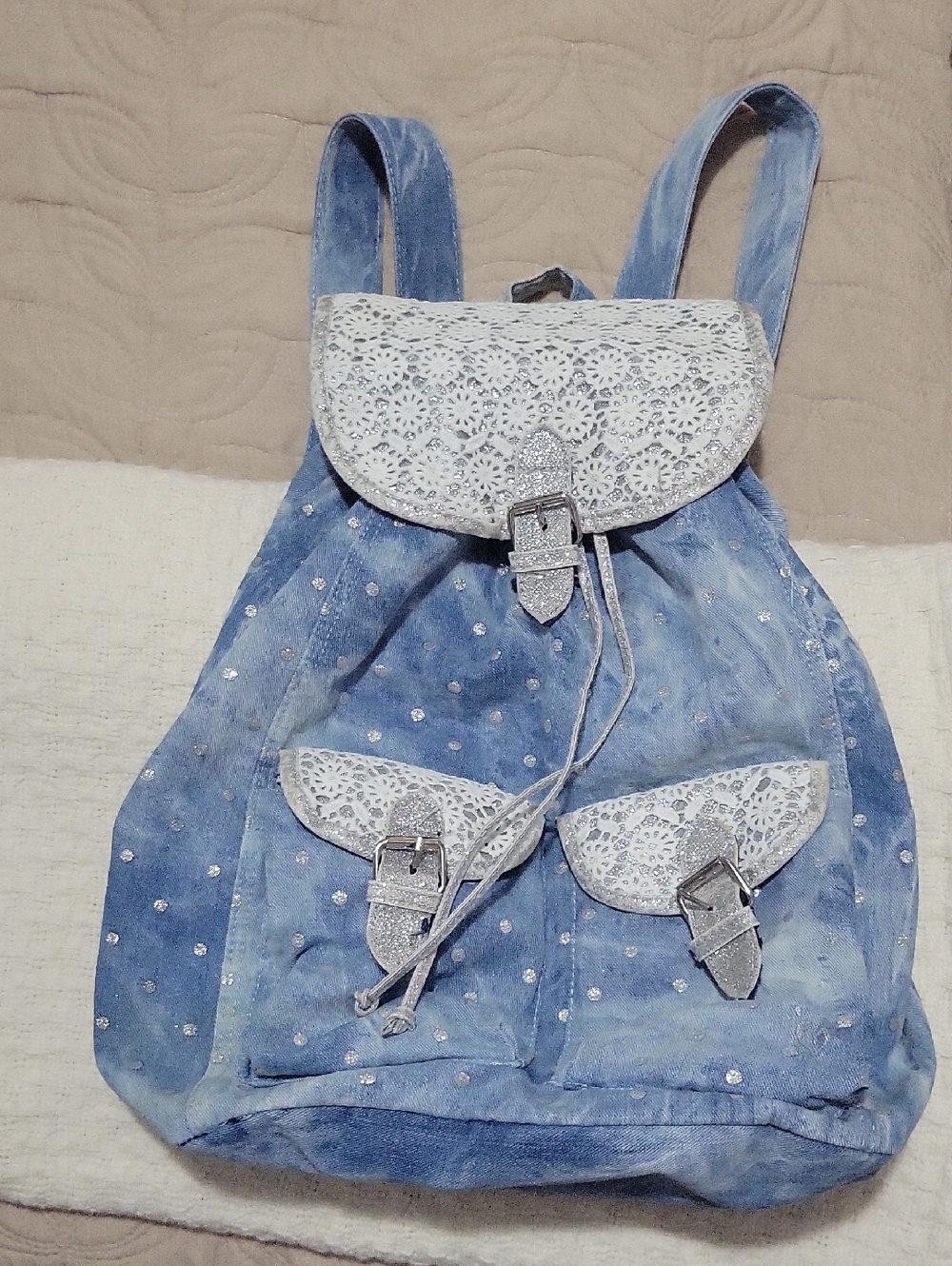 Justice Light Blue Denim-Style Backpack with White Lace Flap